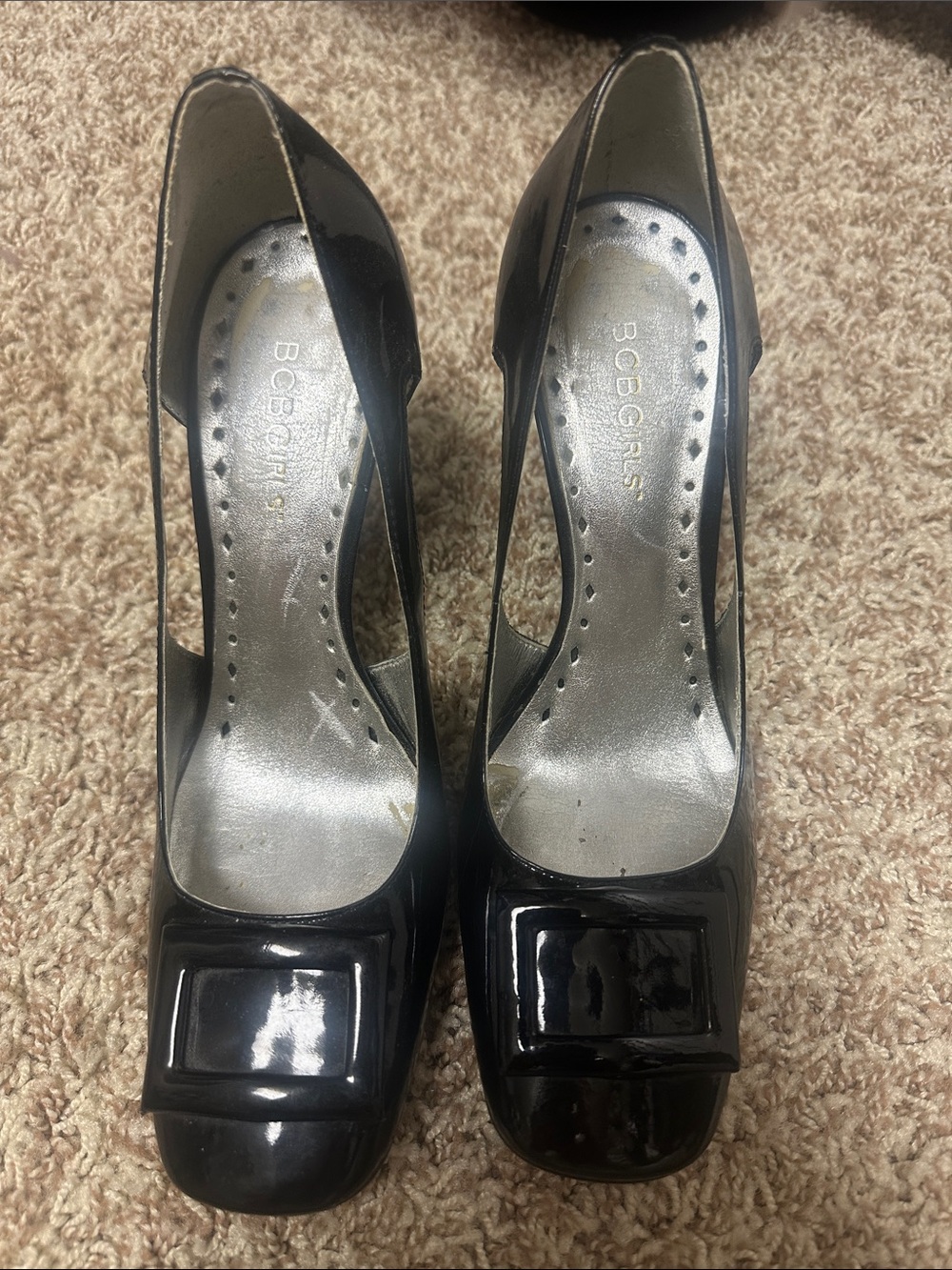 BCBGirls Black Patent Square-Toe Cutout Heels